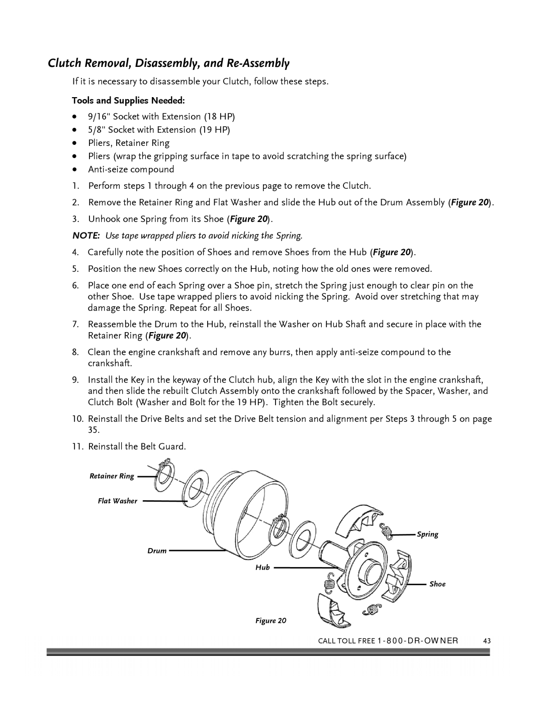 Country Home Products 18 HP, 19HP manual Clutch Removal, Disassembly, and Re-Assembly 