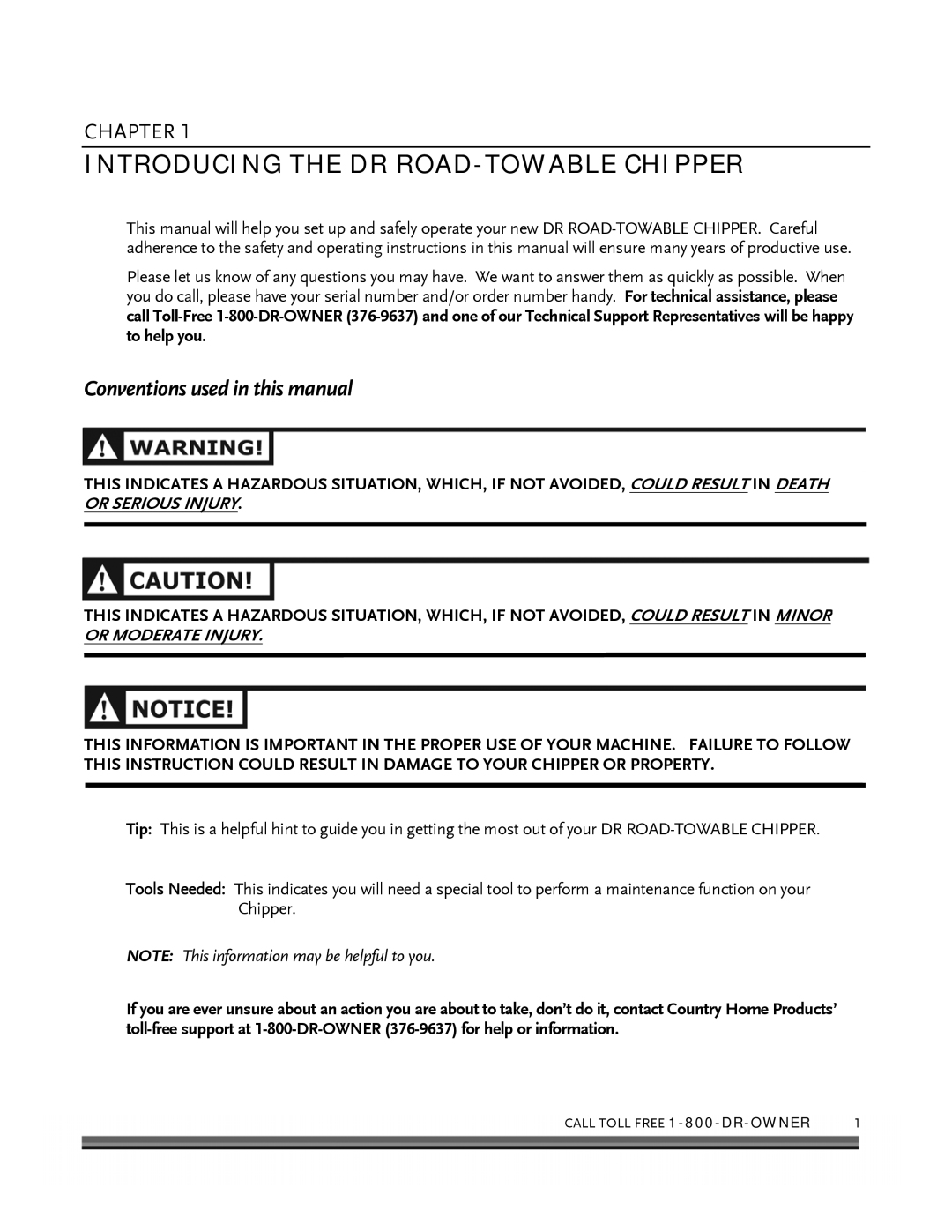 Country Home Products 18 HP, 19HP Introducing the DR ROAD-TOWABLE Chipper, Conventions used in this manual 