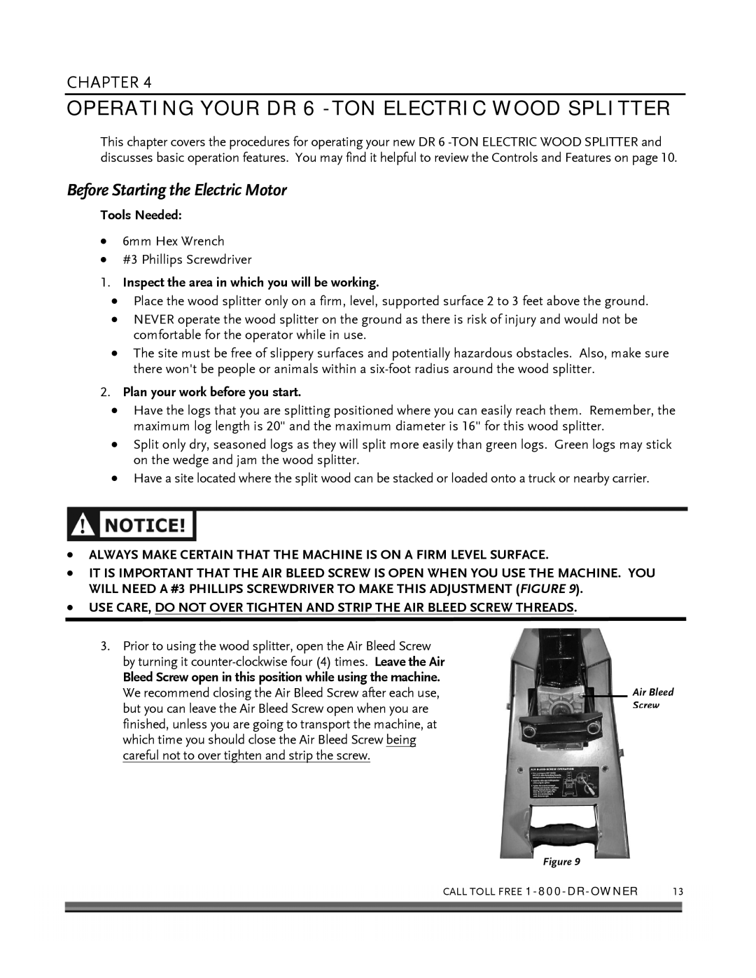 Country Home Products 6-TON Operating Your DR 6 -TON Electric Wood Splitter, Before Starting the Electric Motor 