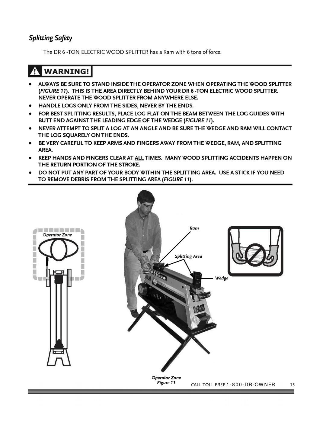 Country Home Products 6-TON operating instructions Splitting Safety, Handle Logs only from the SIDES, Never by the Ends 