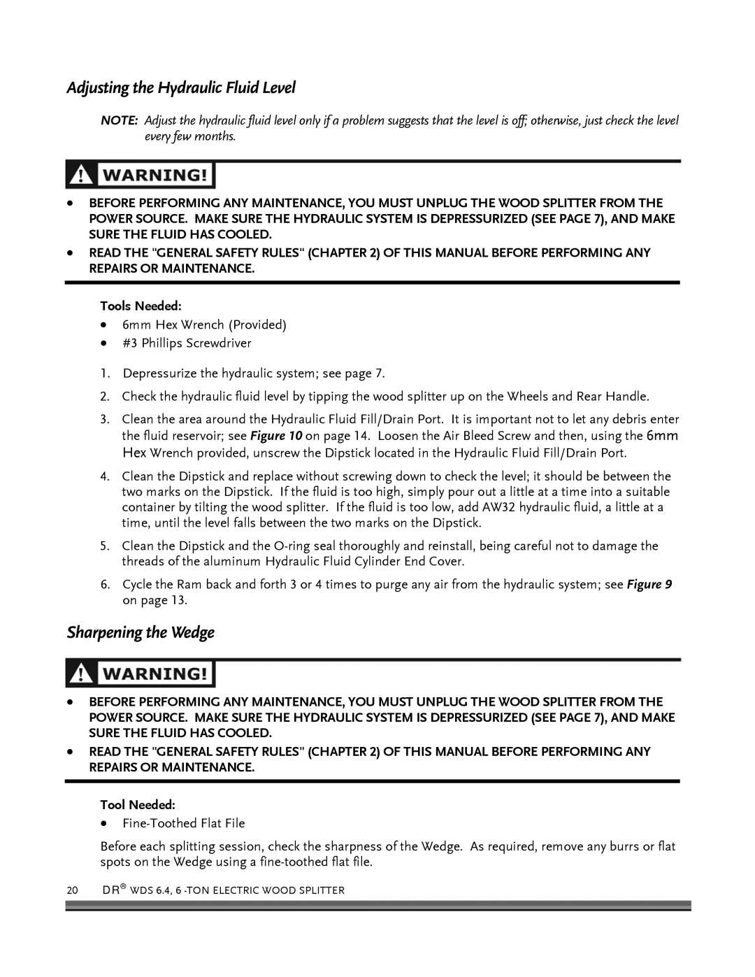 Country Home Products 6-TON operating instructions Adjusting the Hydraulic Fluid Level, Sharpening the Wedge, Tool Needed 