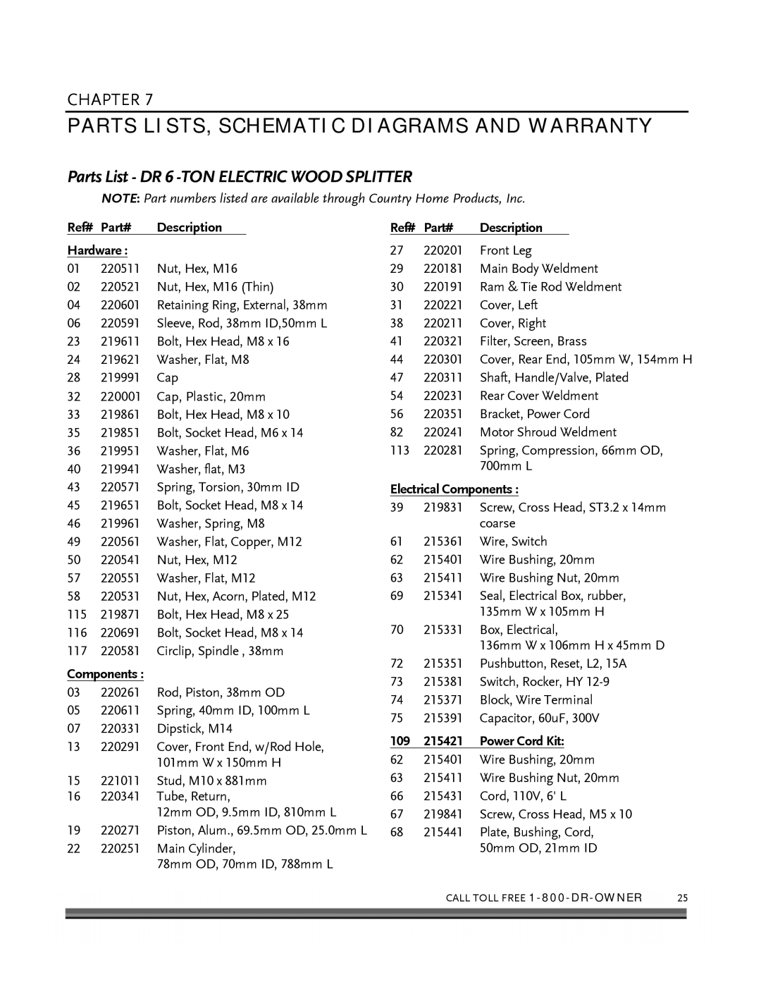 Country Home Products 6-TON Parts LISTS, Schematic Diagrams and Warranty, Parts List DR 6 -TON Electric Wood Splitter 