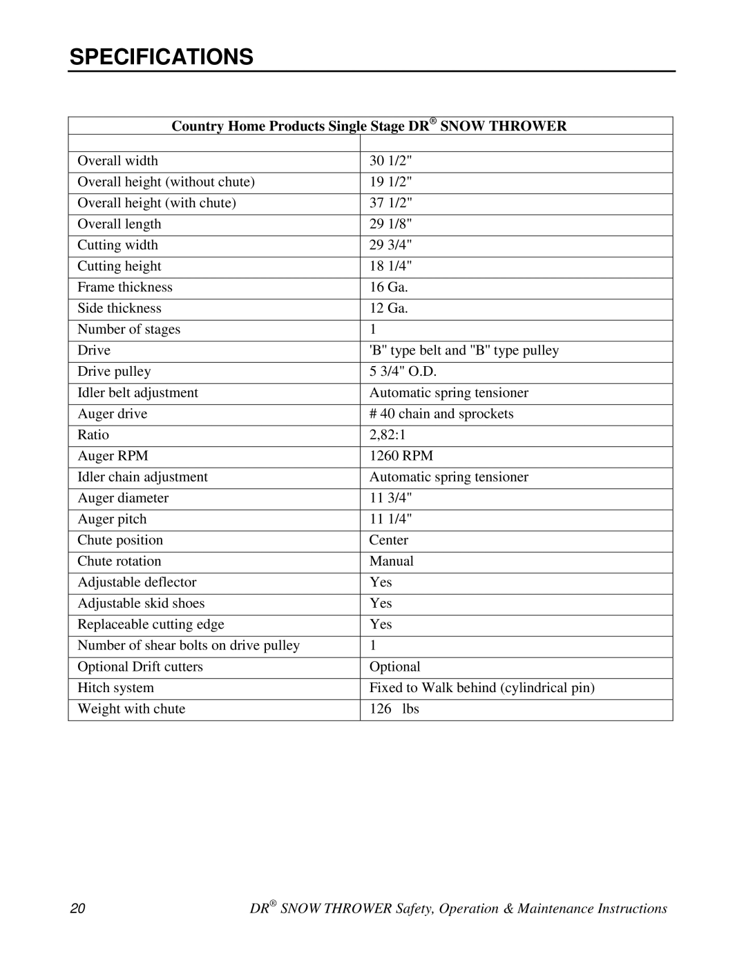 Country Home Products A2105BEA, A2080BEA, A2090TEA manual Specifications, Country Home Products Single Stage DR Snow Thrower 