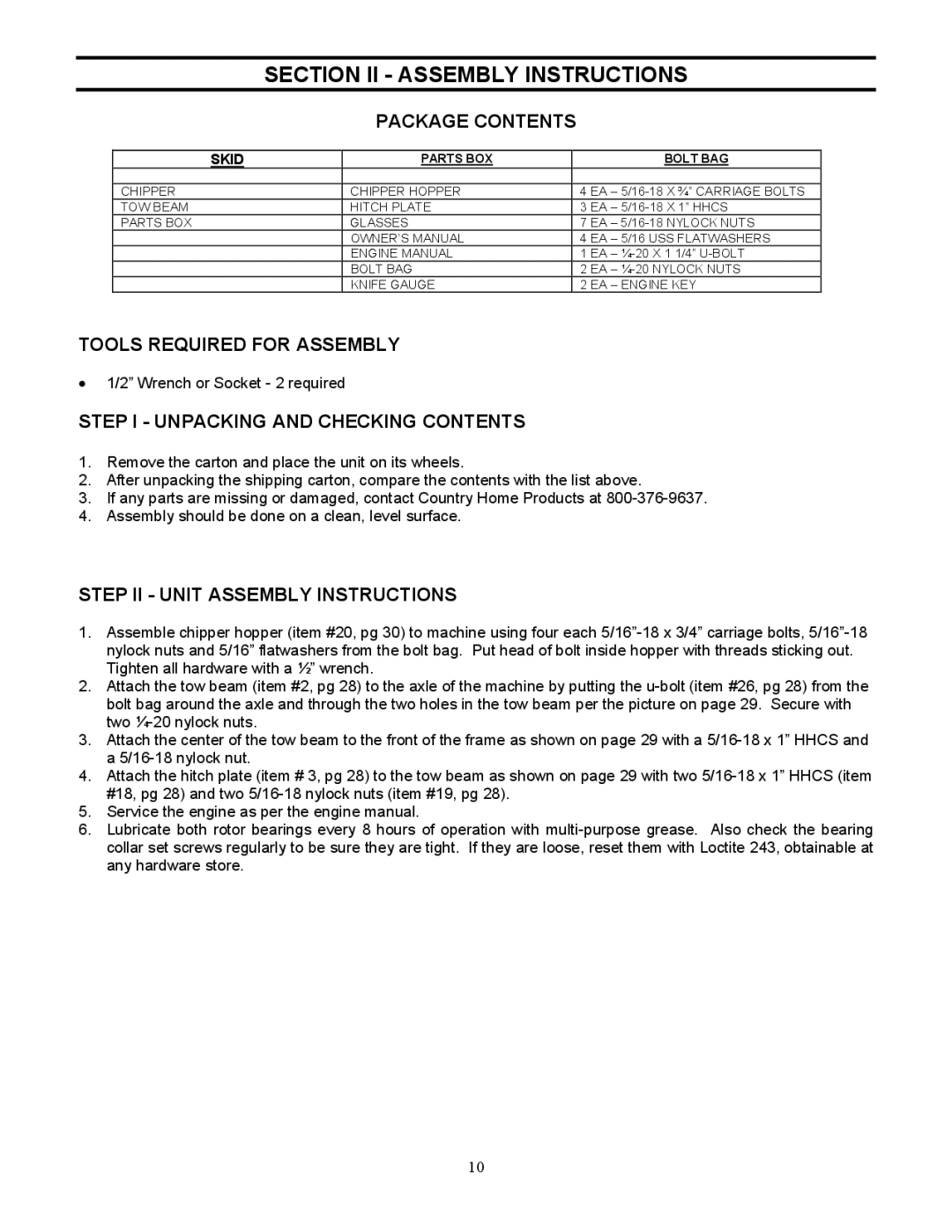 Country Home Products C123E-CHP Section II Assembly Instructions, Package Contents, Tools Required for Assembly 