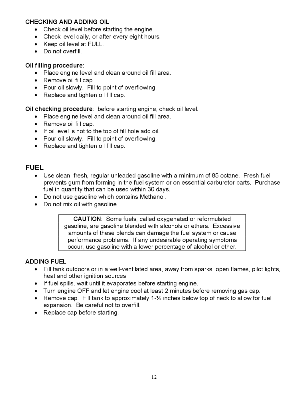 Country Home Products C123E-CHP instruction manual Checking and Adding OIL, Adding Fuel 