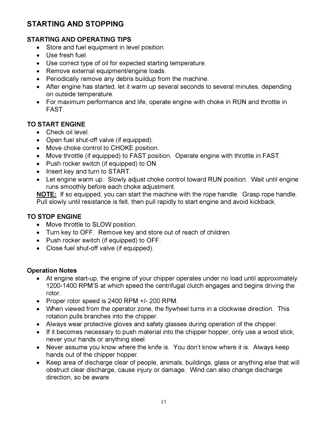 Country Home Products C123E-CHP Starting and Stopping, Starting and Operating Tips, To Start Engine, To Stop Engine 