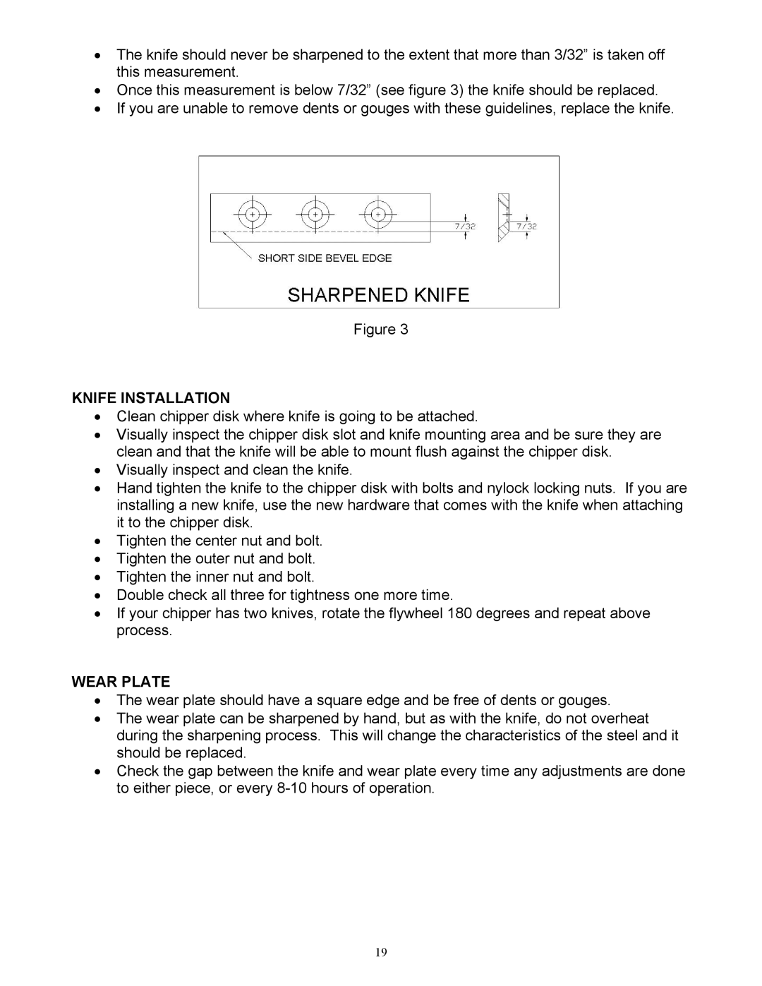 Country Home Products C123E-CHP instruction manual Knife Installation, Wear Plate 