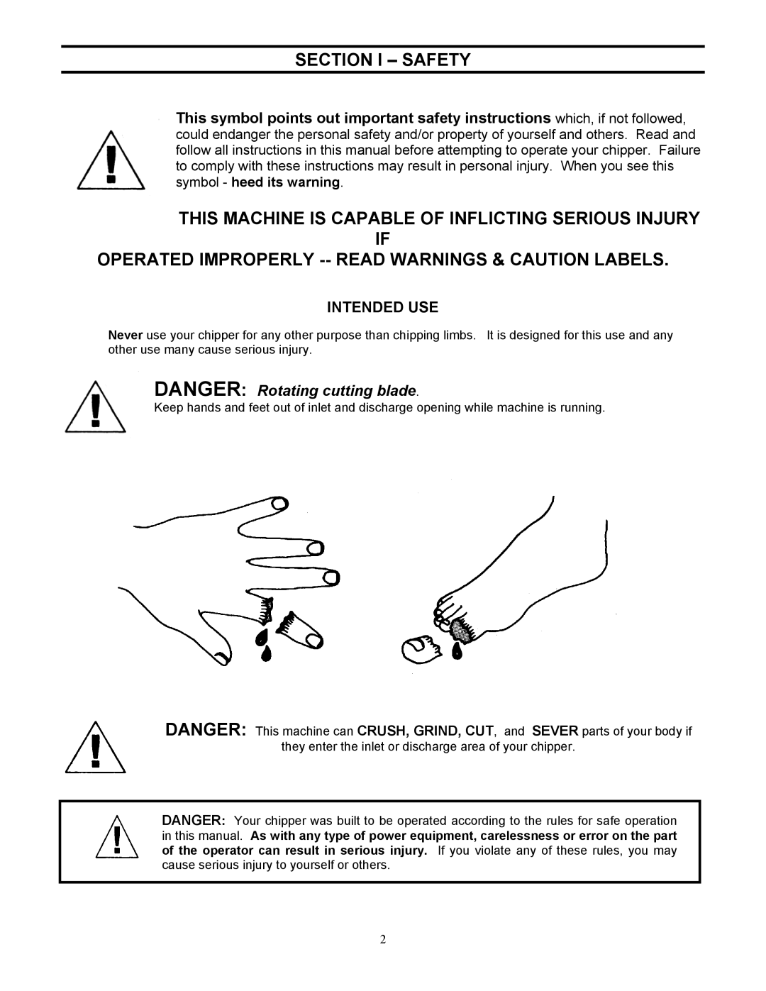 Country Home Products C123E-CHP instruction manual Section I Safety, Intended USE 