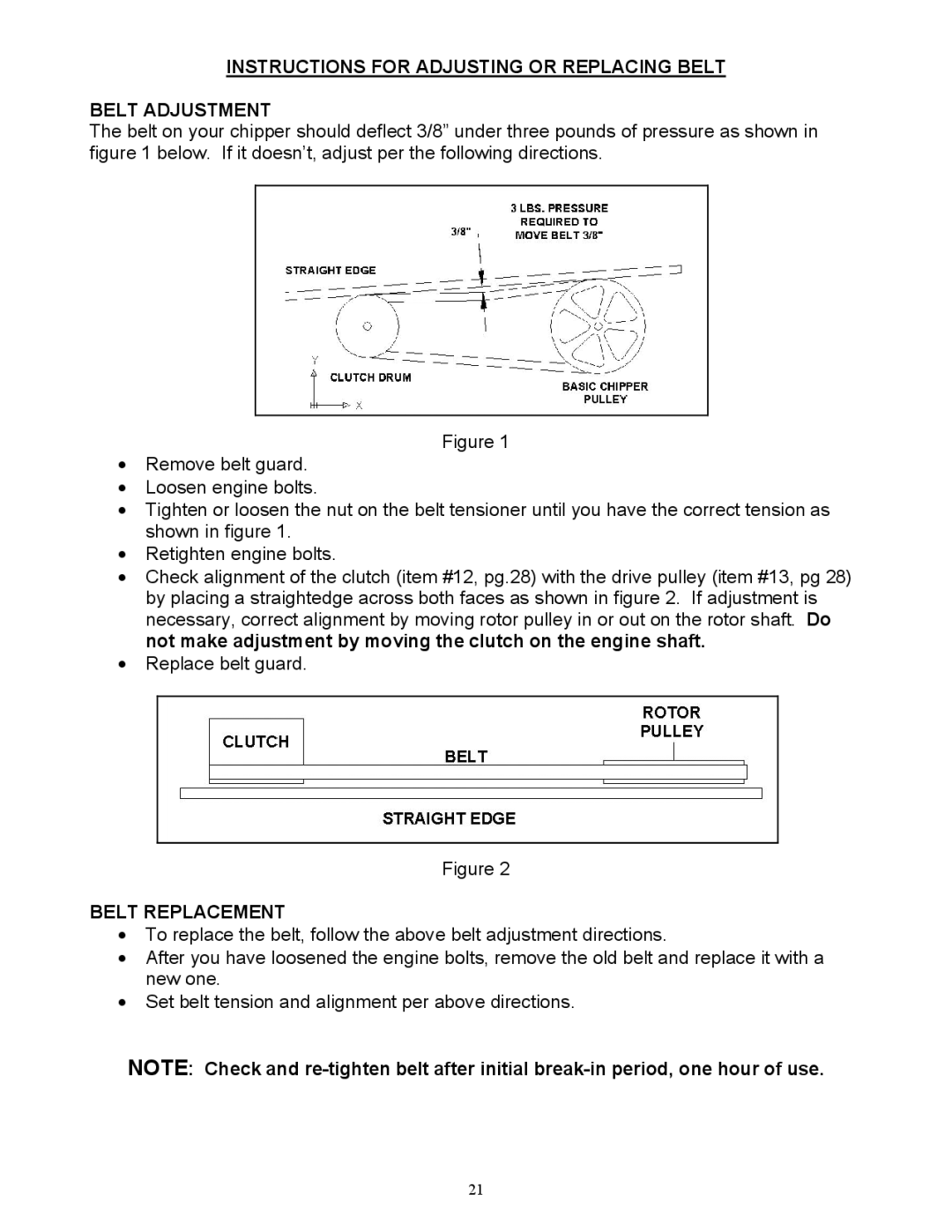 Country Home Products C123E-CHP Instructions for Adjusting or Replacing Belt Belt Adjustment, Belt Replacement 