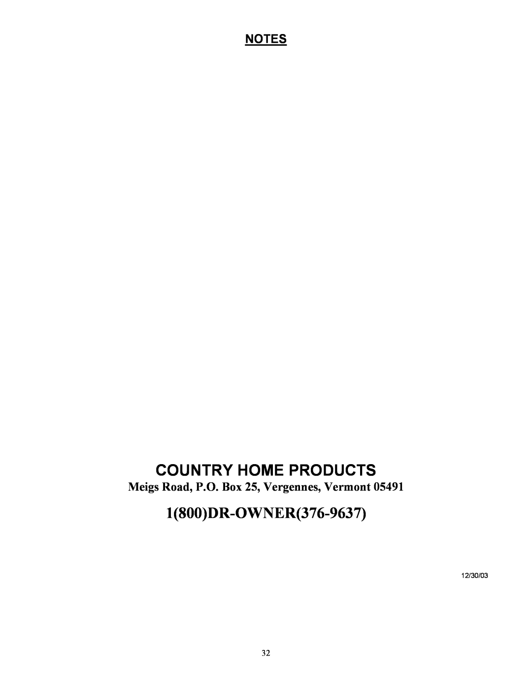 Country Home Products C123E-CHP instruction manual Notes, Country Home Products, 1800DR-OWNER376-9637 
