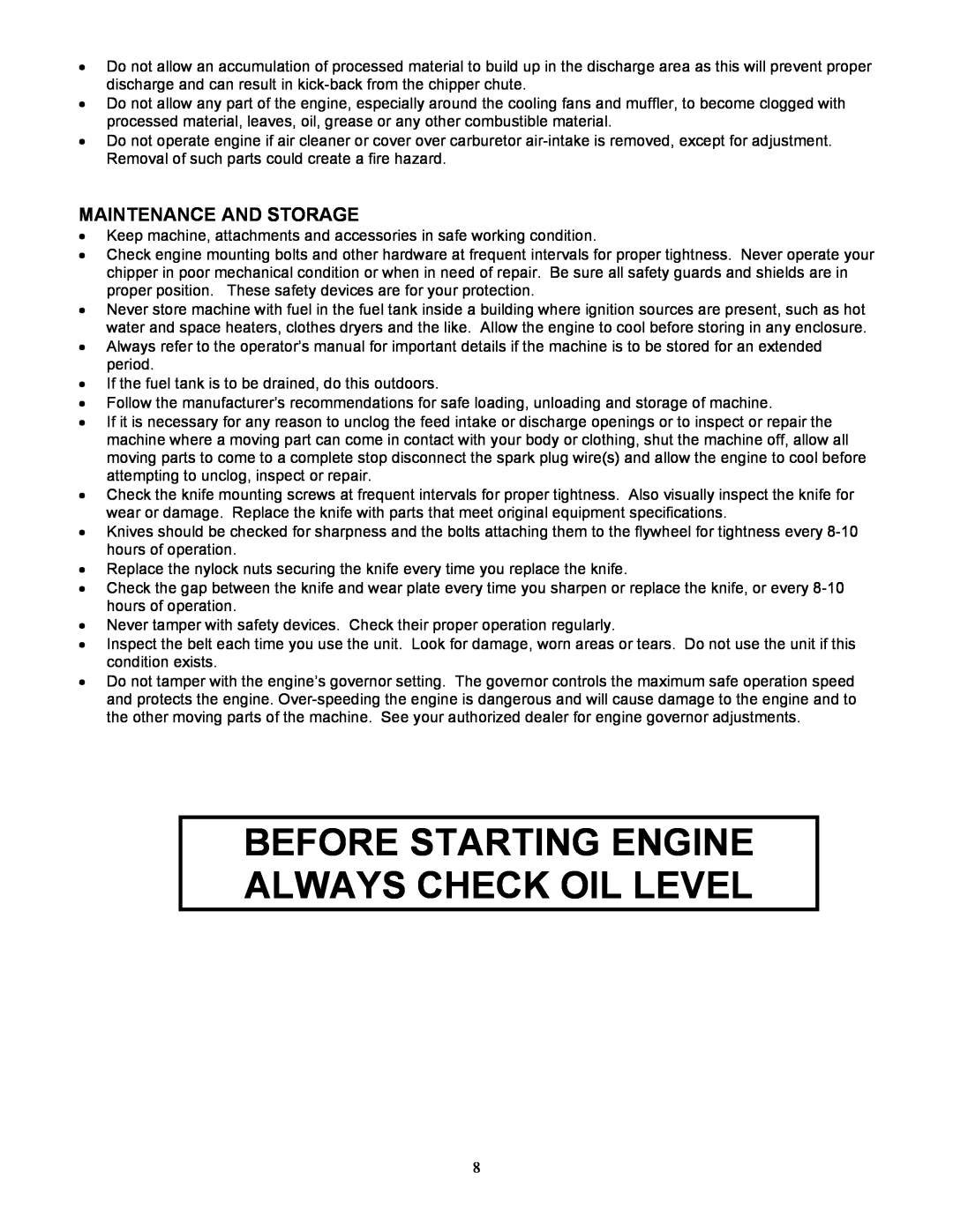 Country Home Products C123E-CHP instruction manual Before Starting Engine Always Check Oil Level, Maintenance And Storage 