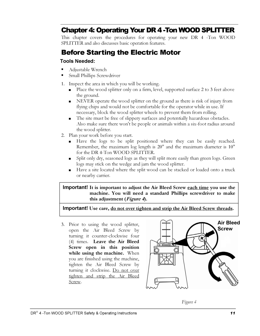 Country Home Products DR 4 -TON manual Operating Your DR 4 -Ton Wood Splitter, Before Starting the Electric Motor 