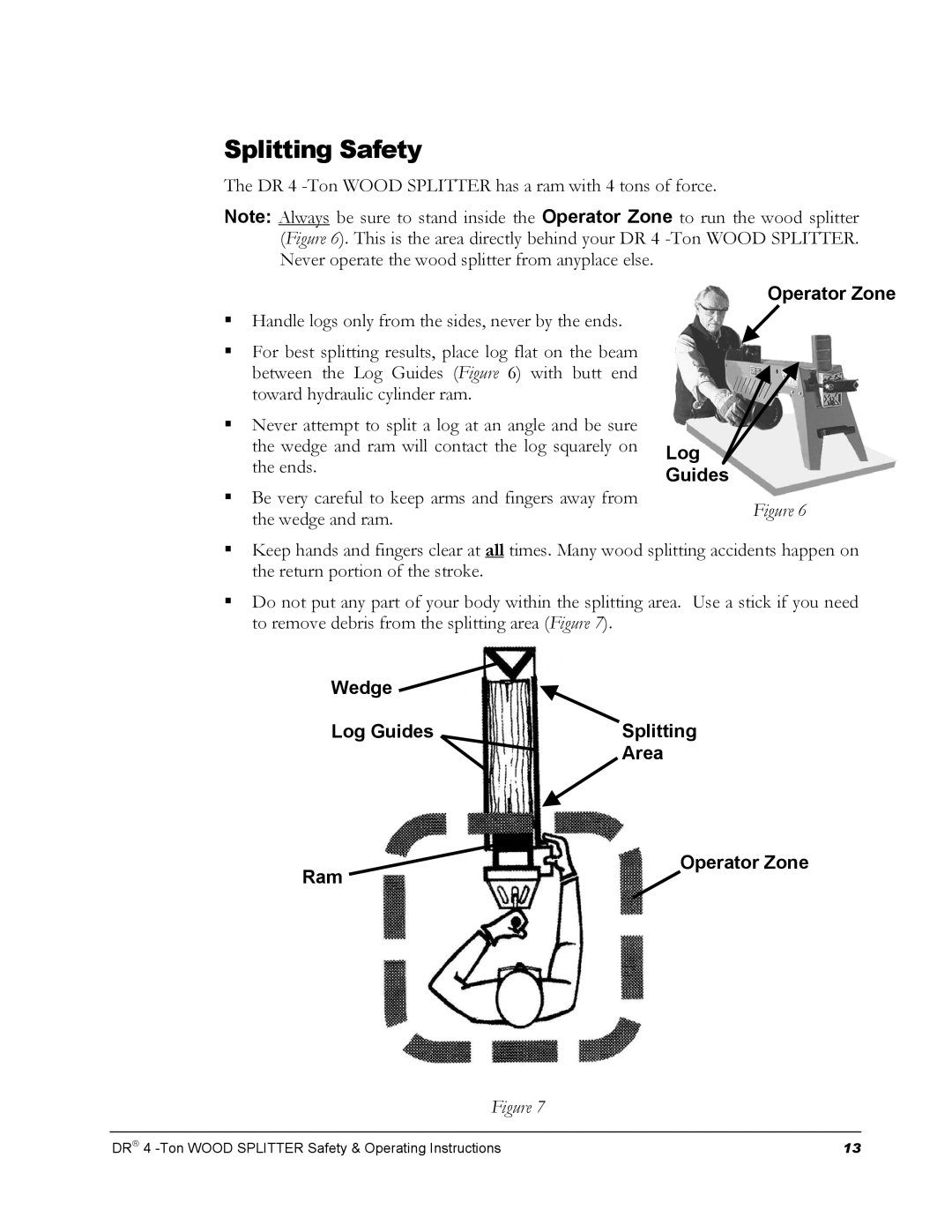 Country Home Products DR 4 -TON manual Splitting Safety, Operator Zone Log Guides 