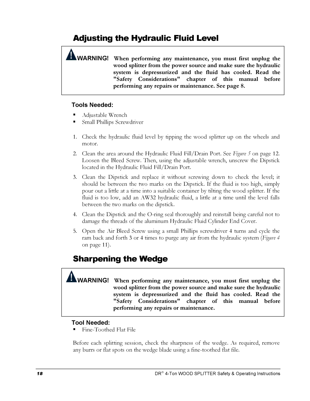 Country Home Products DR 4 -TON manual Adjusting the Hydraulic Fluid Level, Sharpening the Wedge 