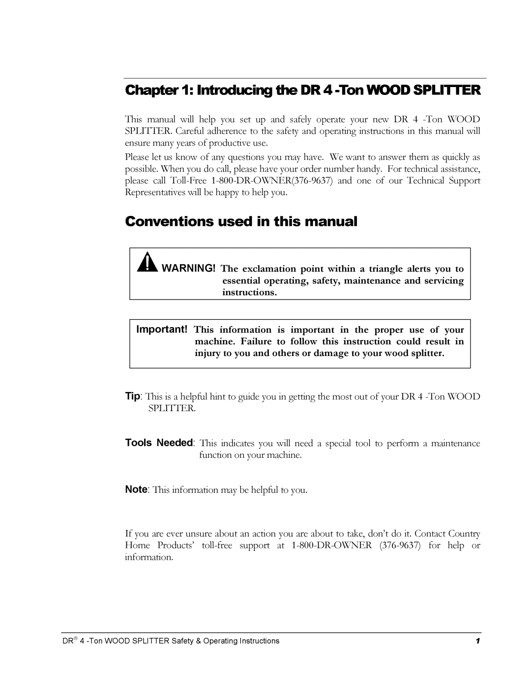 Country Home Products DR 4 -TON Introducing the DR 4 -Ton Wood Splitter, Conventions used in this manual 