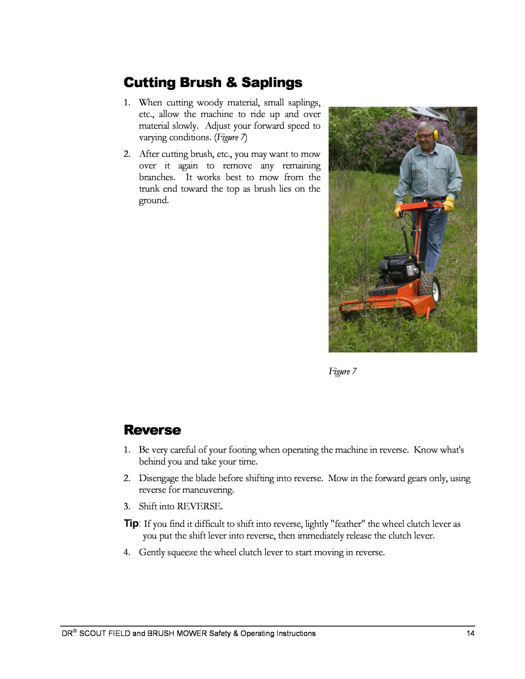 Country Home Products DR SCOUT FIELD and BRUSH MOWER manual Cutting Brush & Saplings, Reverse 
