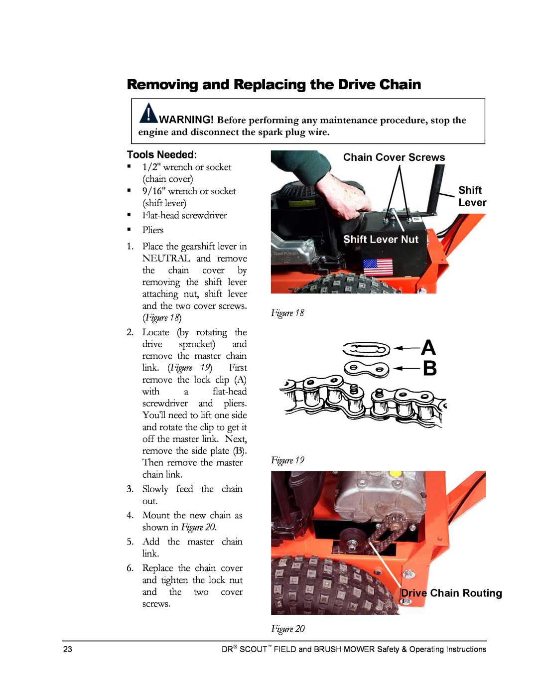 Country Home Products DR SCOUT FIELD and BRUSH MOWER manual Removing and Replacing the Drive Chain, Shift Lever Nut 