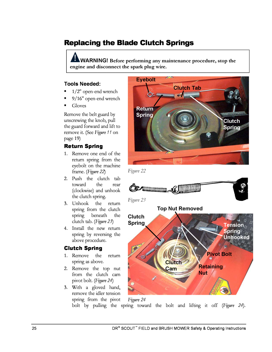 Country Home Products DR SCOUT FIELD and BRUSH MOWER manual Replacing the Blade Clutch Springs, Return Spring, Tension 
