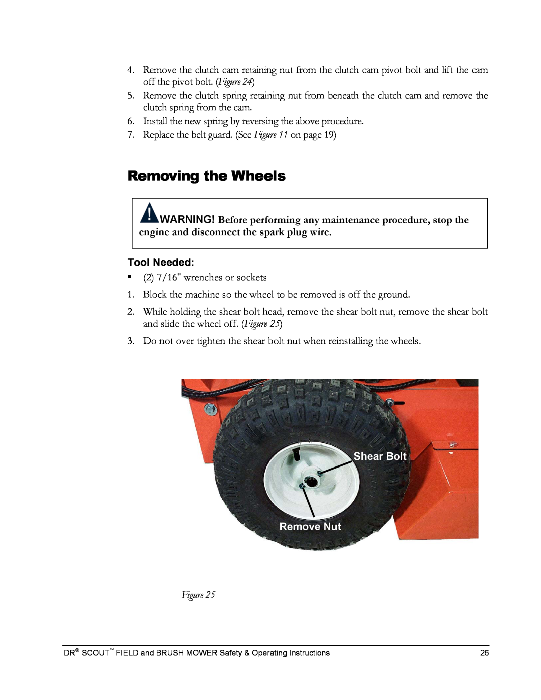 Country Home Products DR SCOUT FIELD and BRUSH MOWER manual Removing the Wheels, Shear Bolt Remove Nut 