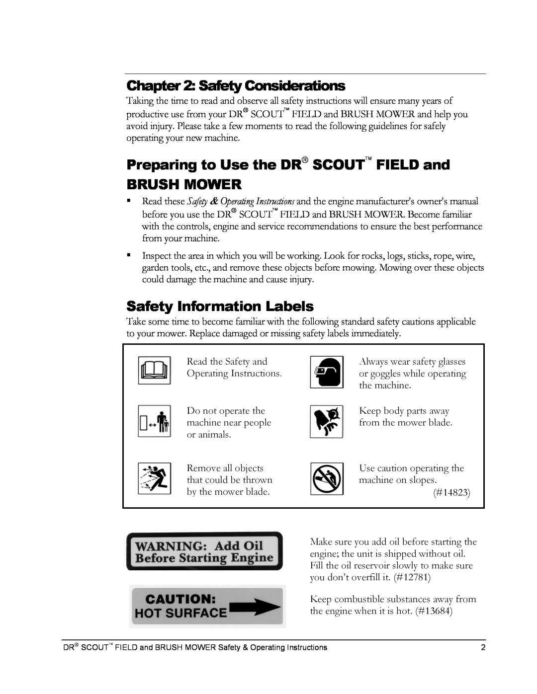 Country Home Products DR SCOUT FIELD and BRUSH MOWER manual Safety Considerations, Safety Information Labels 