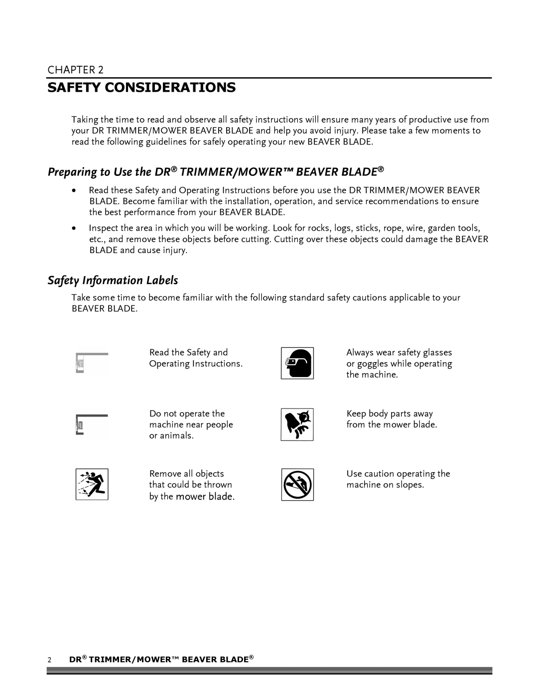 Country Home Products DR TRIMMER/MOWERTM BEAVER BLADE Safety Considerations, Safety Information Labels 