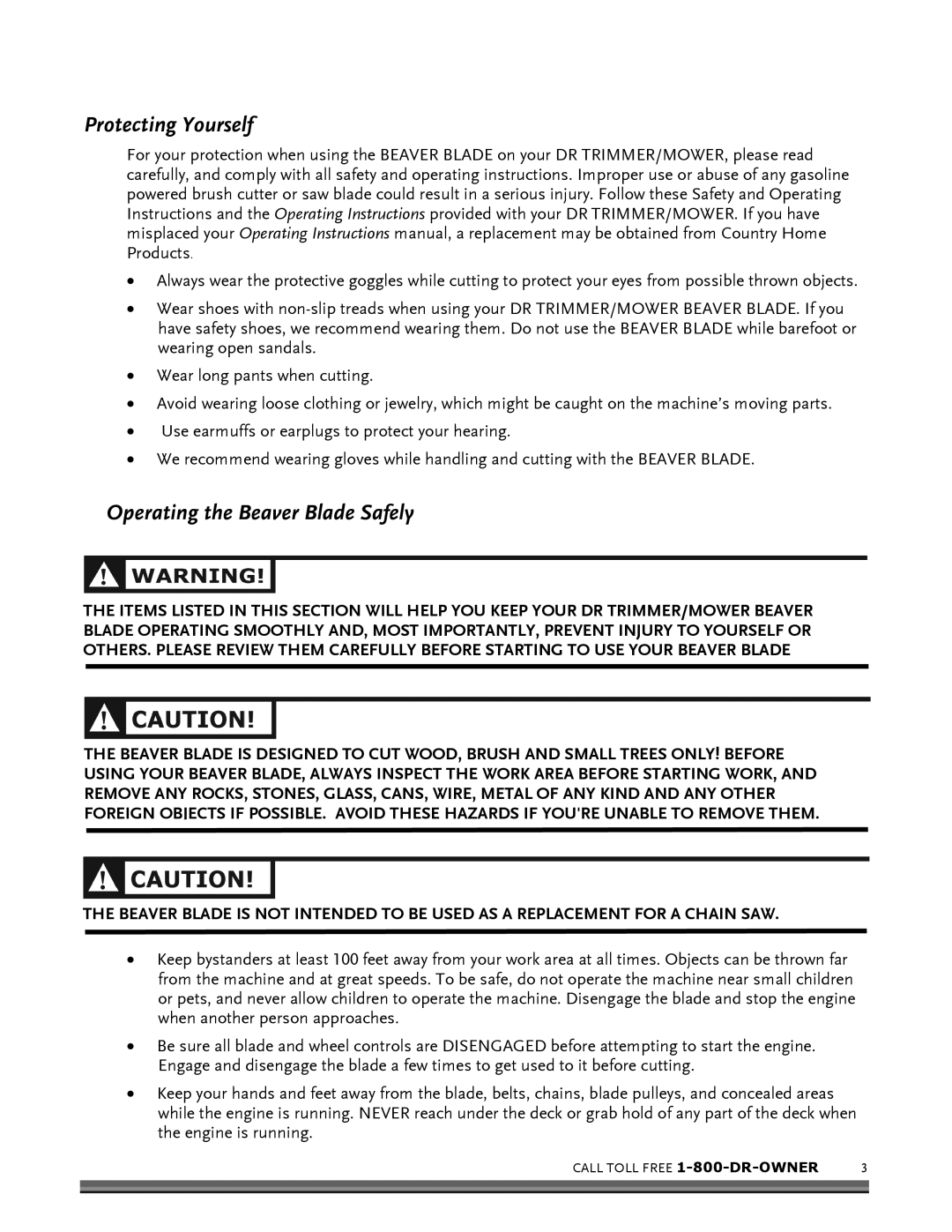 Country Home Products DR TRIMMER/MOWERTM BEAVER BLADE Protecting Yourself, Operating the Beaver Blade Safely 