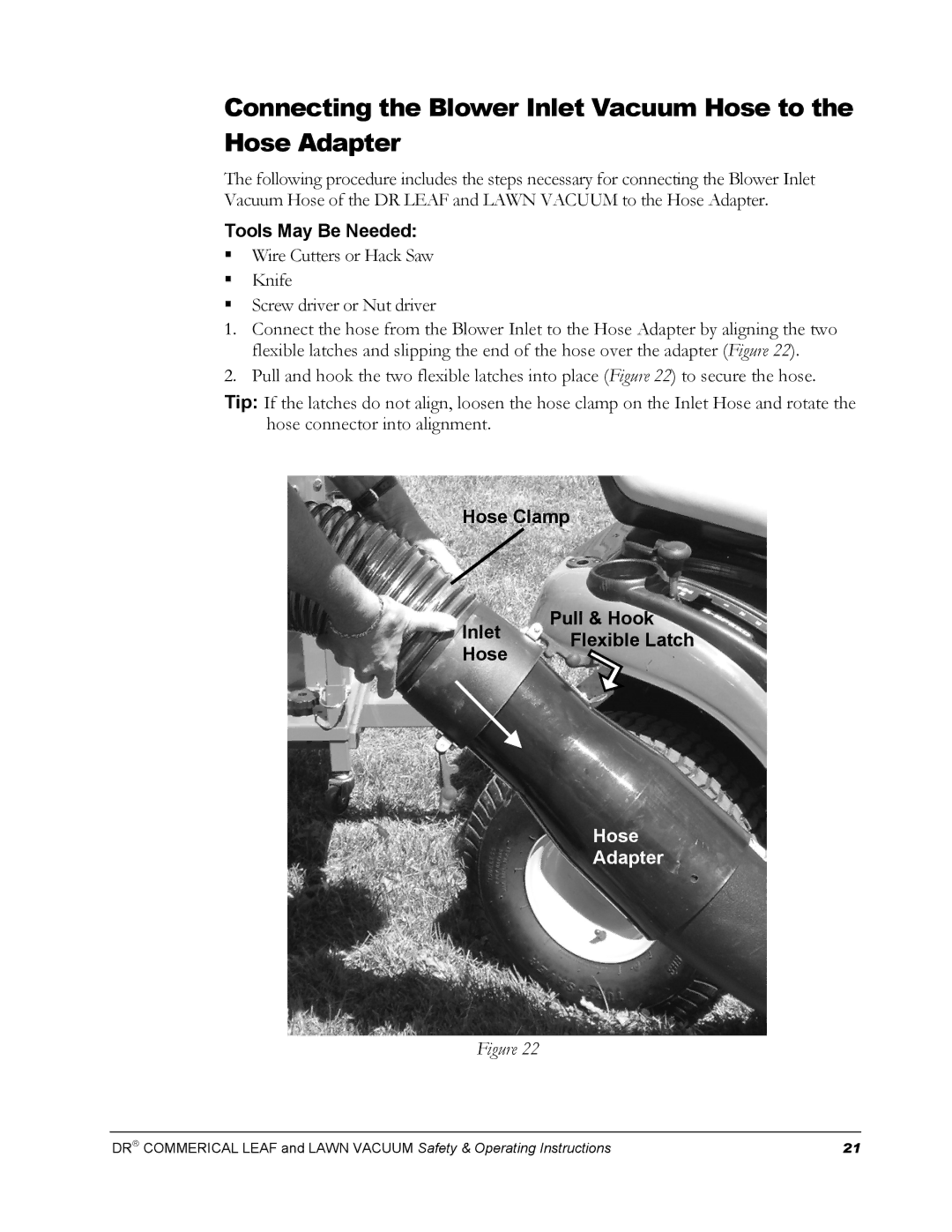 Country Home Products DR manual Connecting the Blower Inlet Vacuum Hose to the Hose Adapter, Tools May Be Needed 