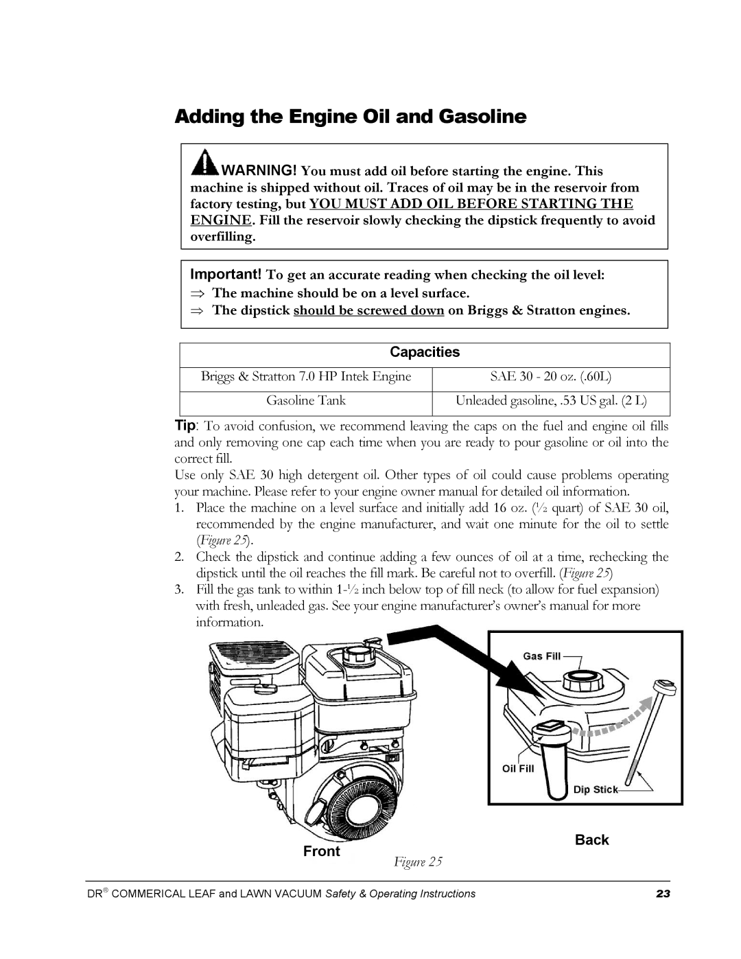 Country Home Products DR manual Adding the Engine Oil and Gasoline, Capacities, Front Back 