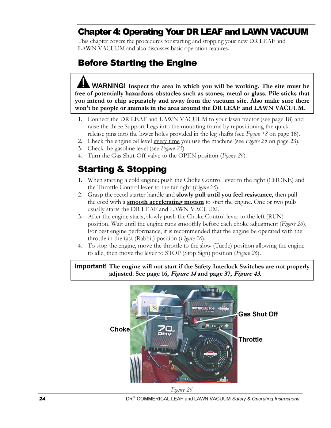 Country Home Products DR manual Before Starting the Engine, Starting & Stopping, Gas Shut Off Choke Throttle 