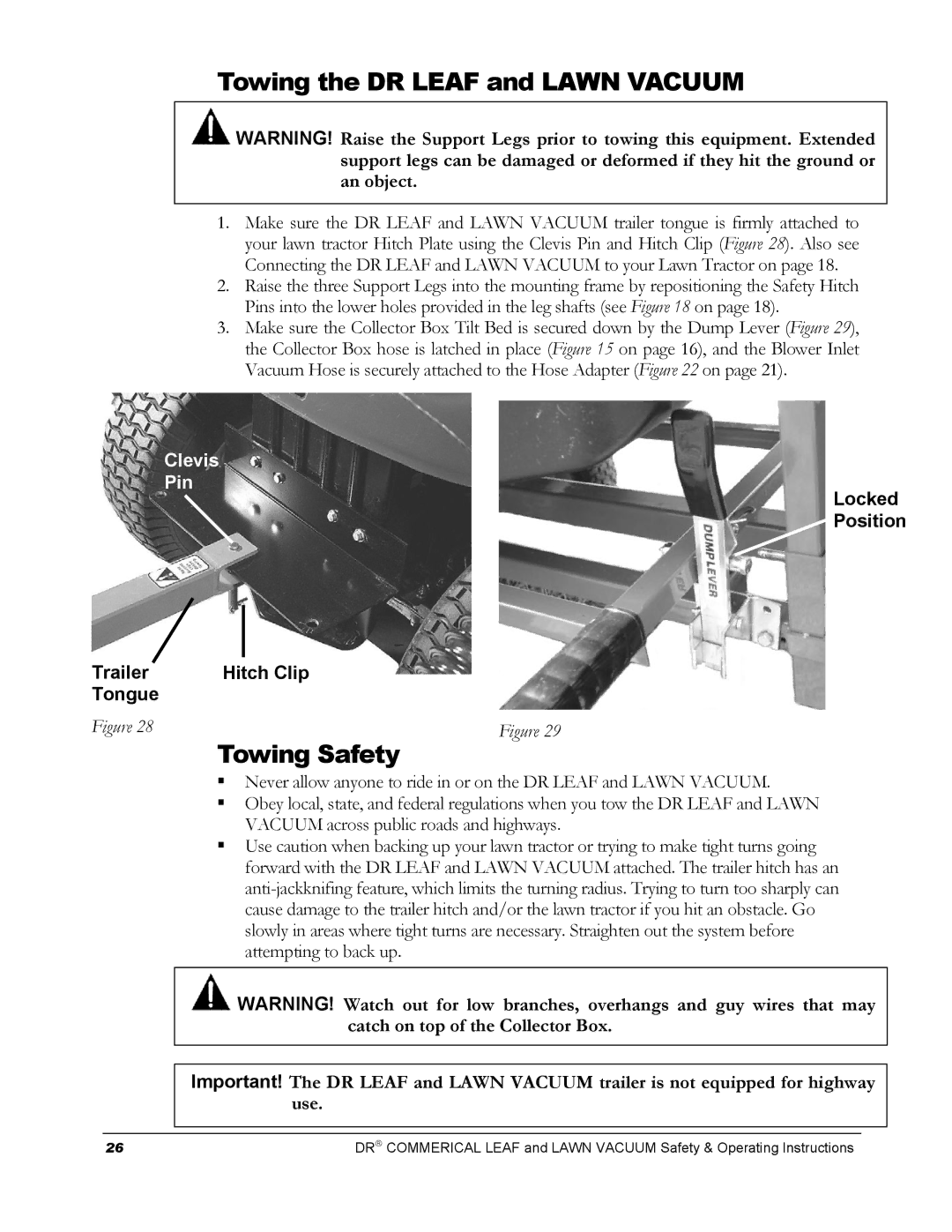 Country Home Products manual Towing the DR Leaf and Lawn Vacuum, Locked Position 