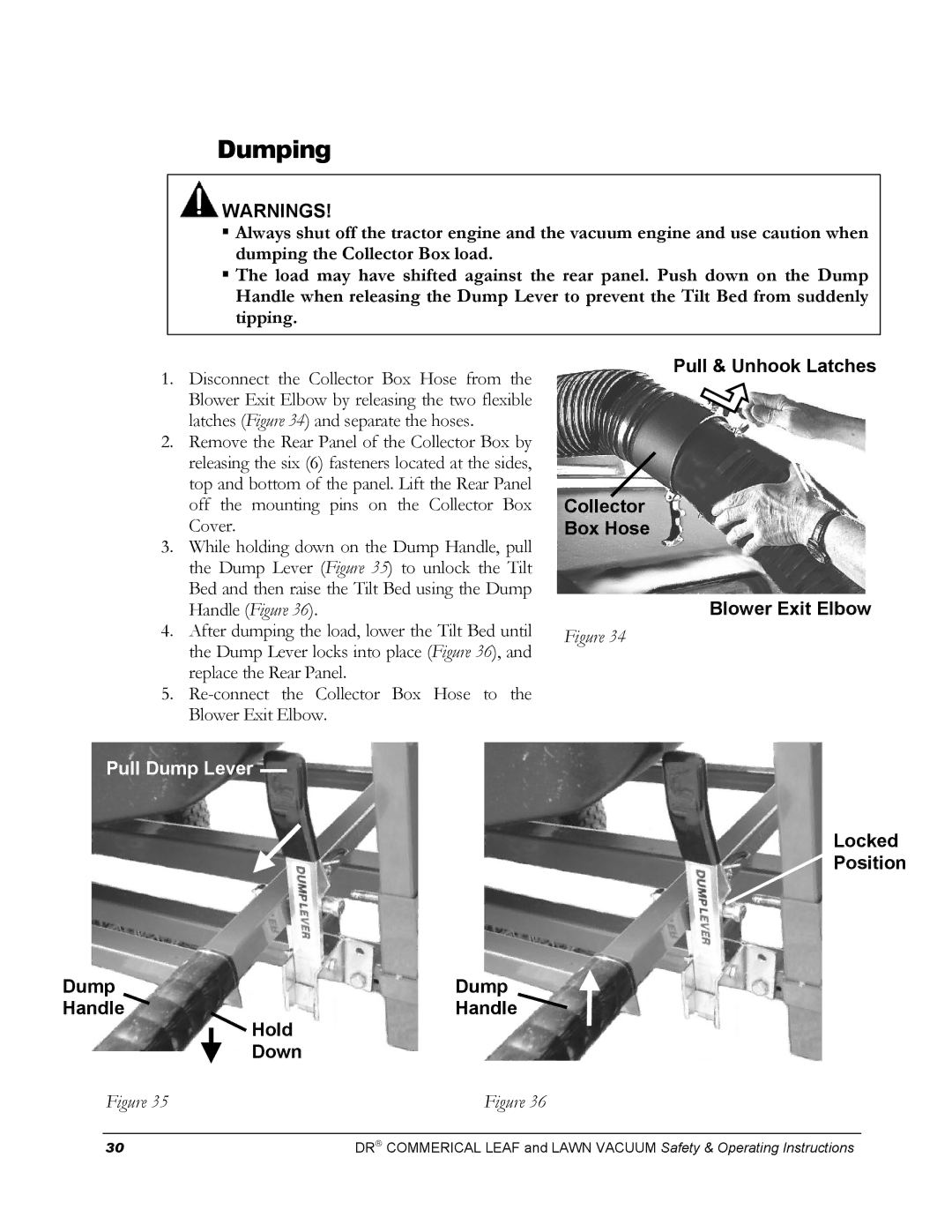 Country Home Products DR manual Dumping, Pull & Unhook Latches Collector Box Hose Blower Exit Elbow 