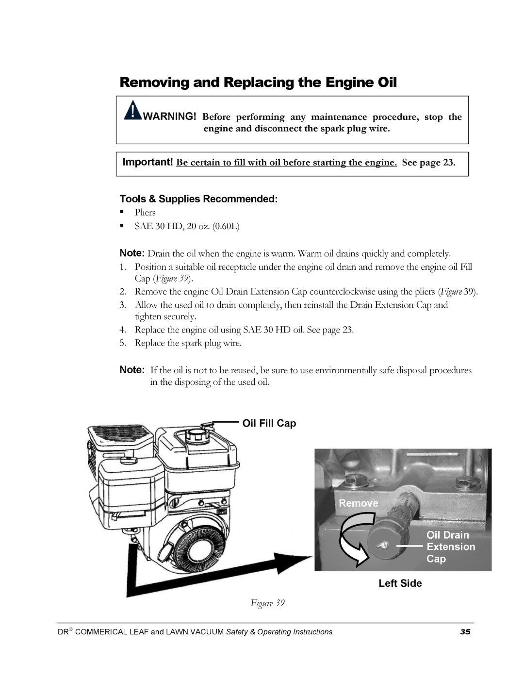 Country Home Products DR Removing and Replacing the Engine Oil, Tools & Supplies Recommended, Oil Fill Cap, Left Side 