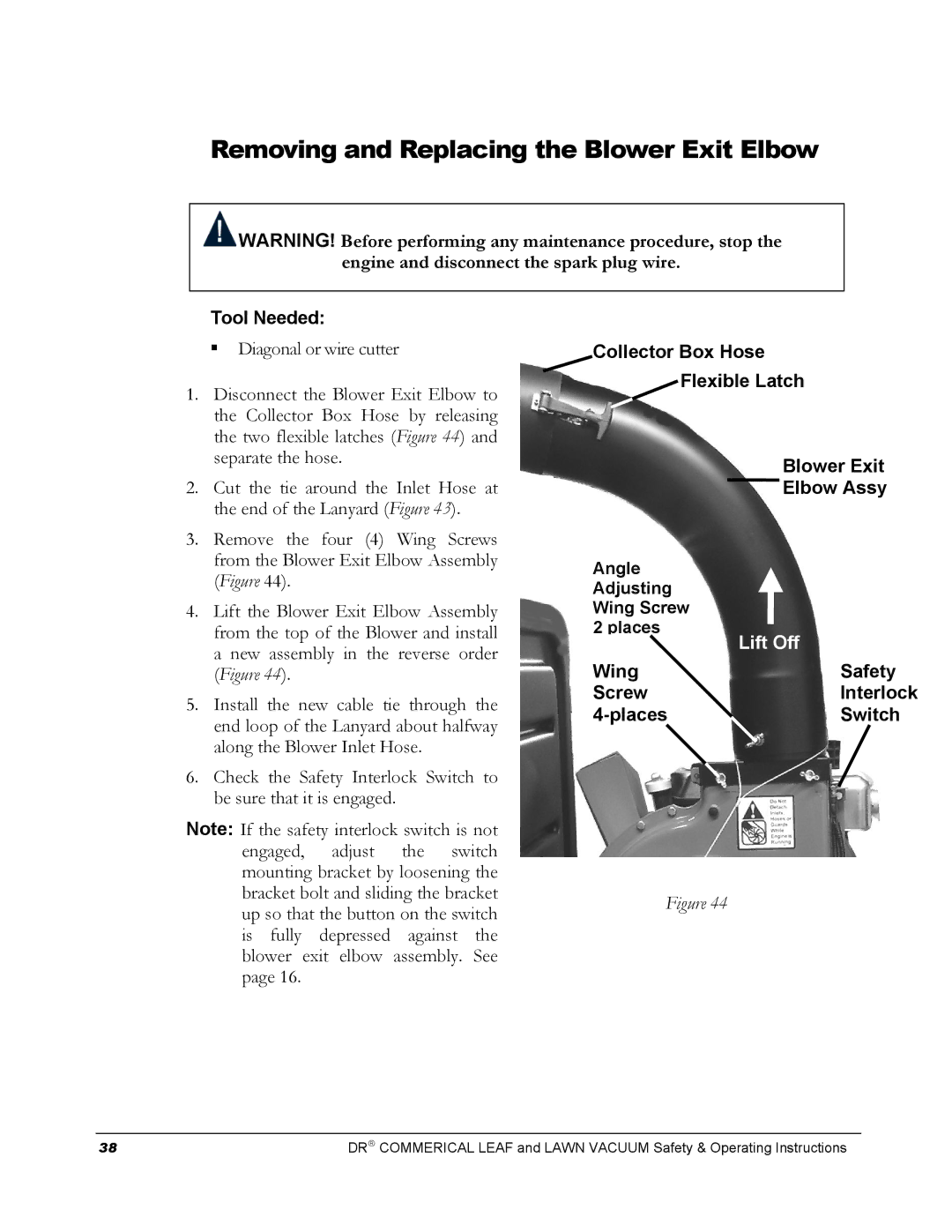 Country Home Products DR manual Removing and Replacing the Blower Exit Elbow, Wing Safety Screw Interlock Places Switch 