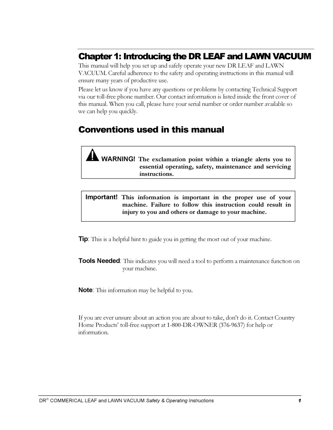 Country Home Products Conventions used in this manual, Introducing the DR Leaf and Lawn Vacuum 