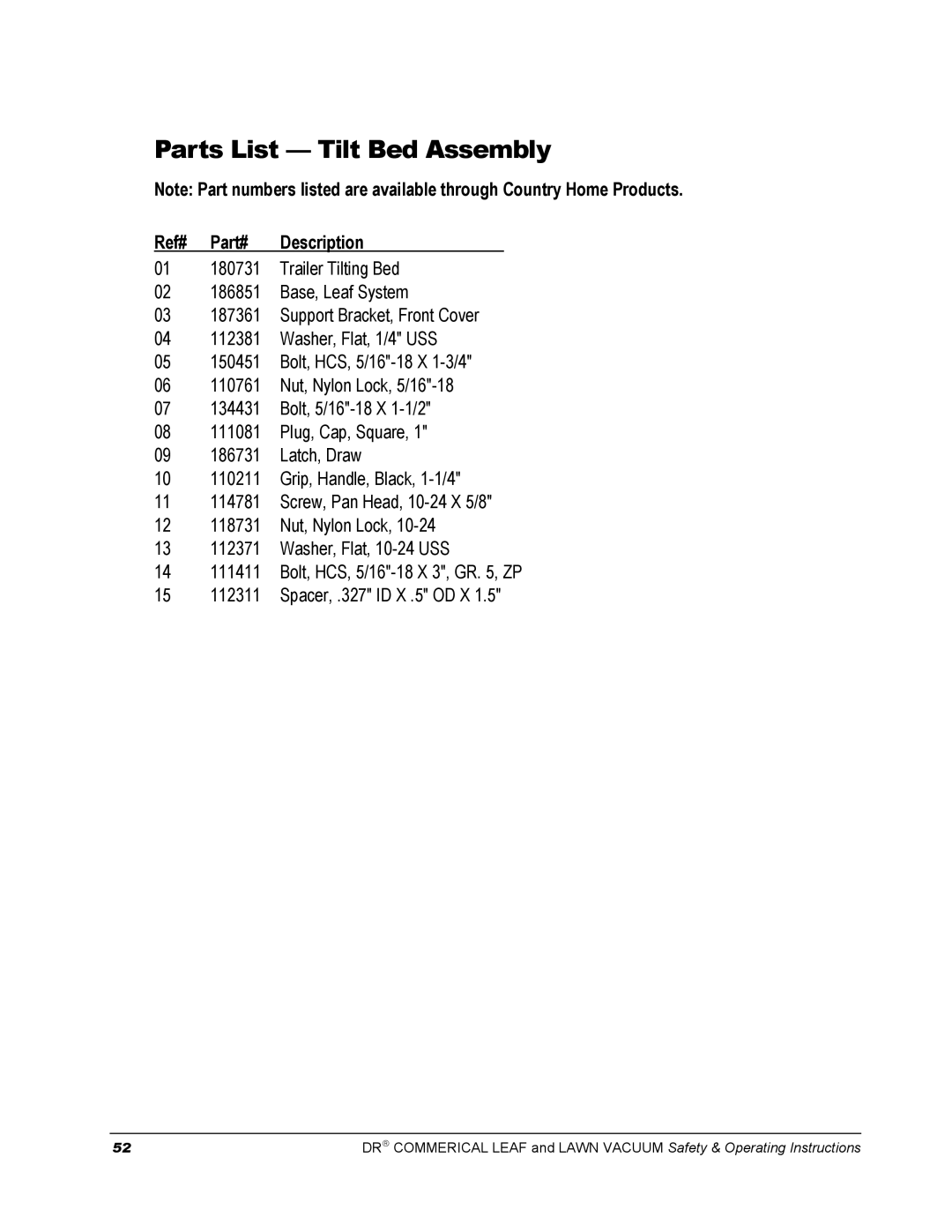 Country Home Products DR manual Parts List Tilt Bed Assembly 
