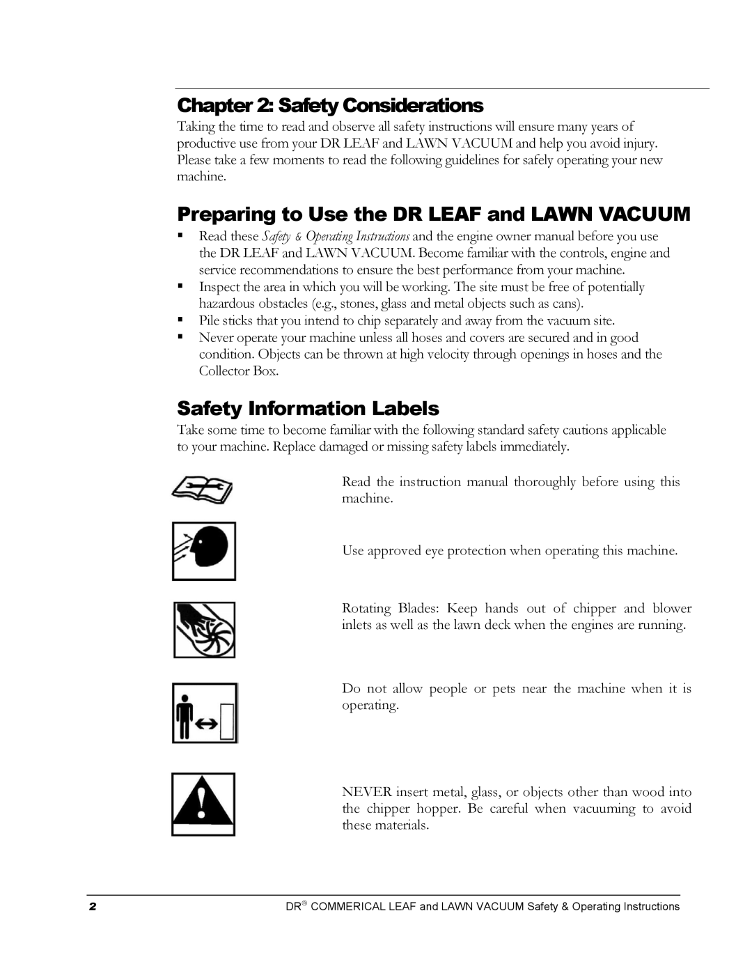 Country Home Products Safety Considerations, Preparing to Use the DR Leaf and Lawn Vacuum, Safety Information Labels 