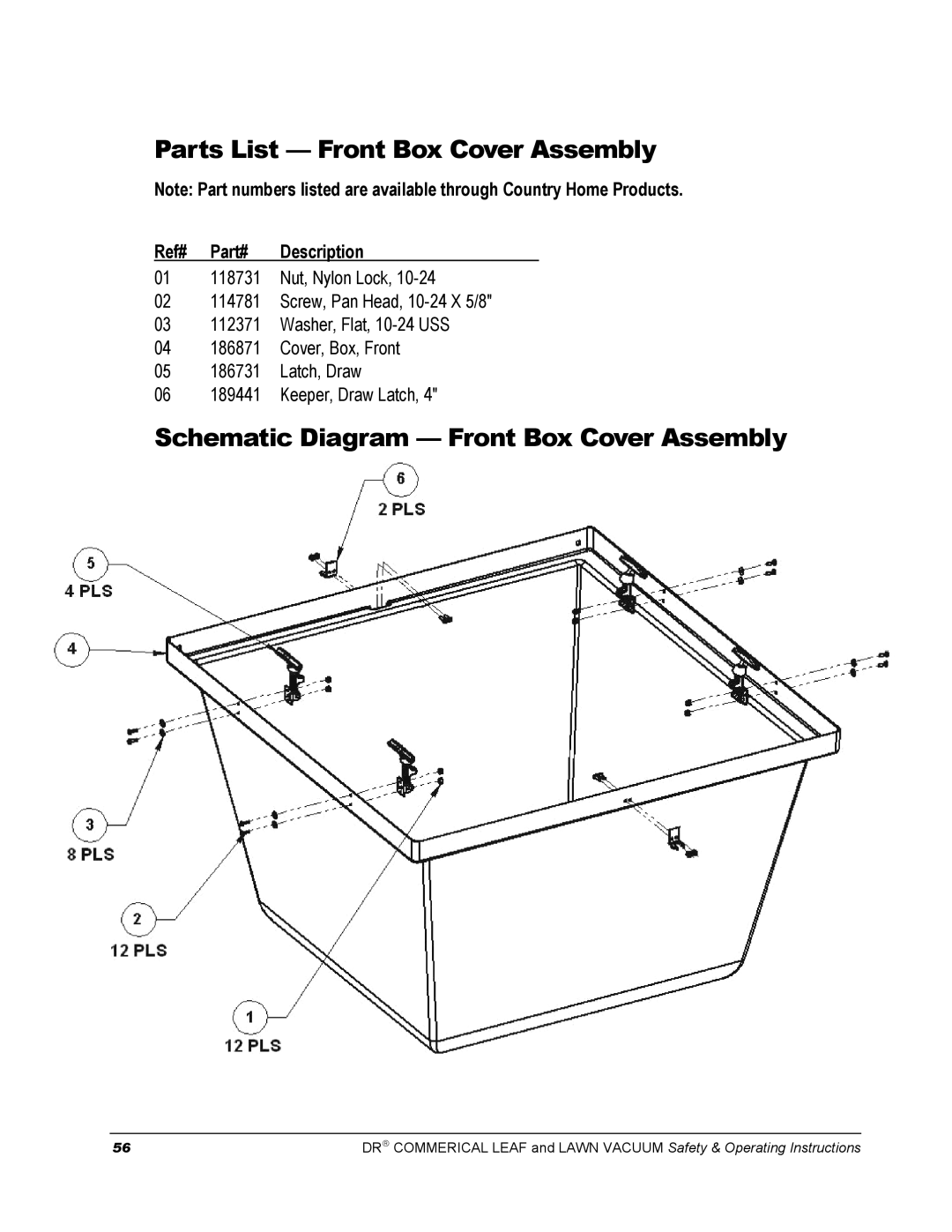 Country Home Products DR manual Parts List Front Box Cover Assembly, Schematic Diagram Front Box Cover Assembly 