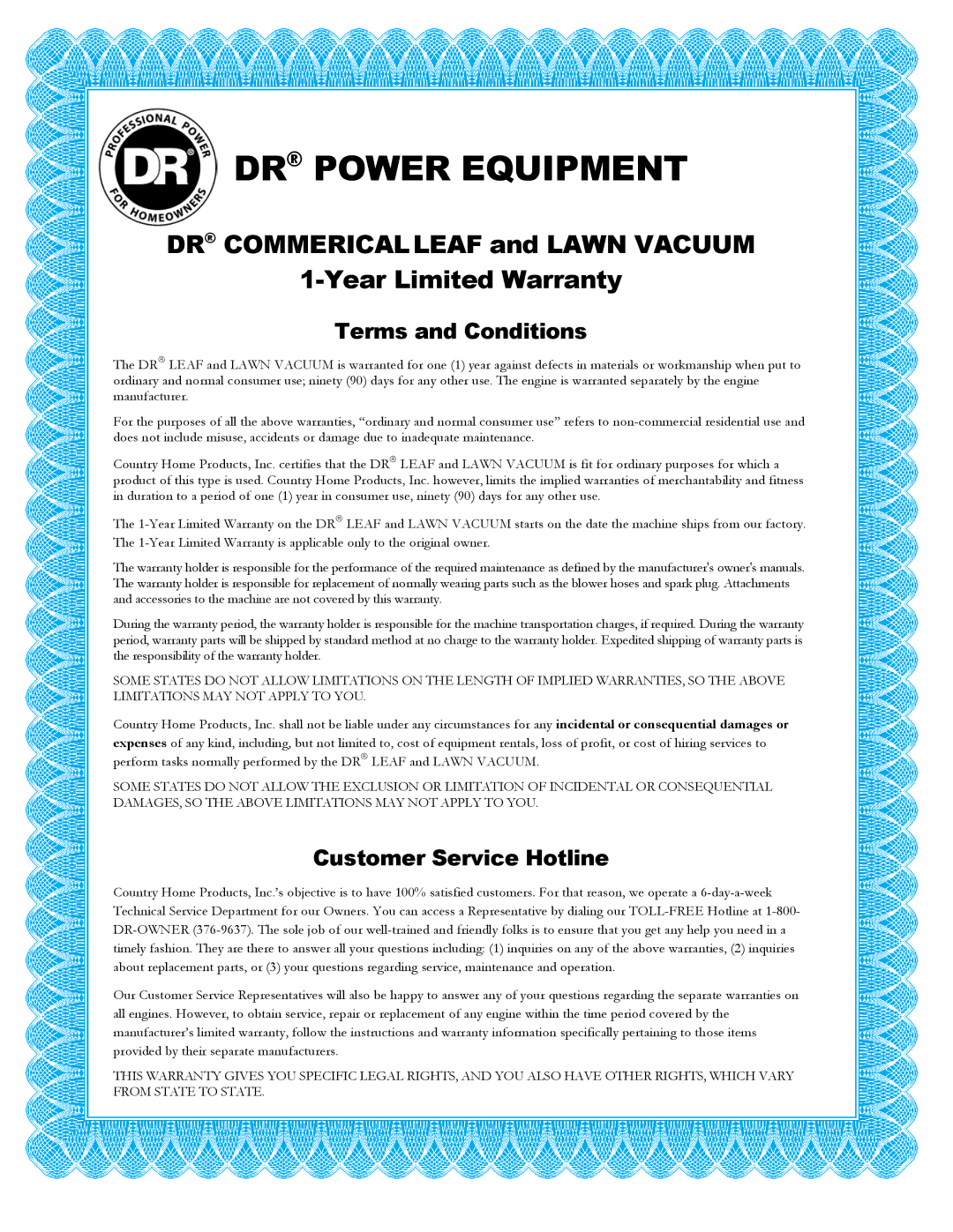 Country Home Products manual DR Power Equipment, DR Commericalleaf and Lawn Vacuum Year Limited Warranty 