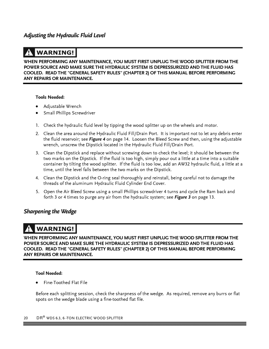 Country Home Products ELECTRIC WOOD SPLITTER manual Adjusting the Hydraulic Fluid Level, Sharpening the Wedge 