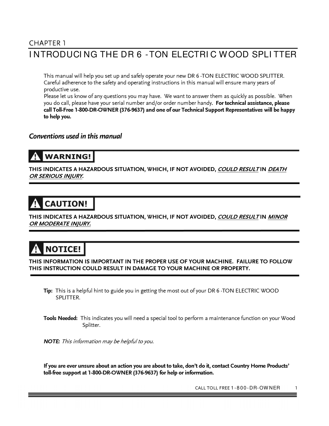 Country Home Products ELECTRIC WOOD SPLITTER manual Introducing the DR 6 -TON Electric Wood Splitter 