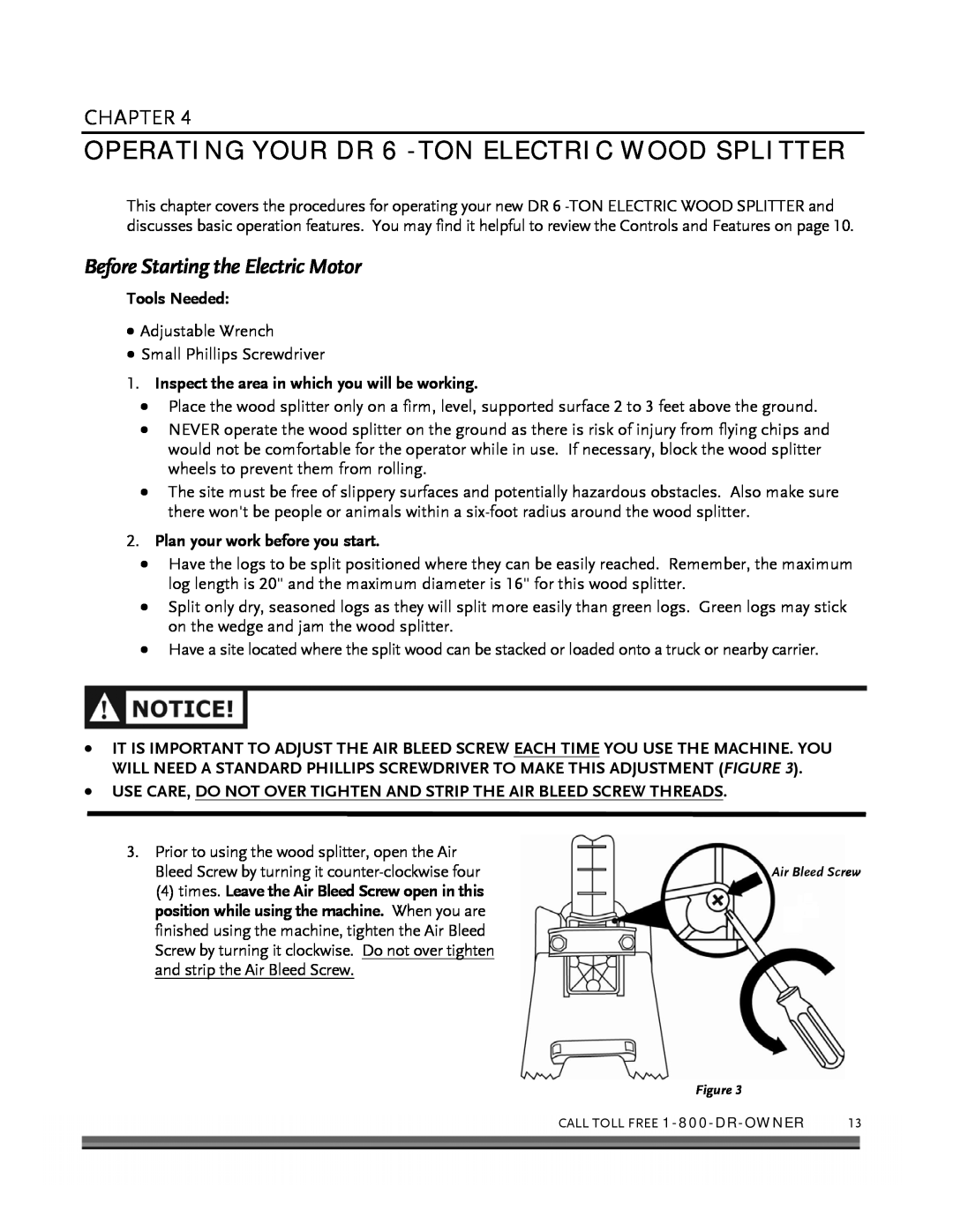 Country Home Products manual OPERATING YOUR DR 6 -TONELECTRIC WOOD SPLITTER, Before Starting the Electric Motor, Chapter 