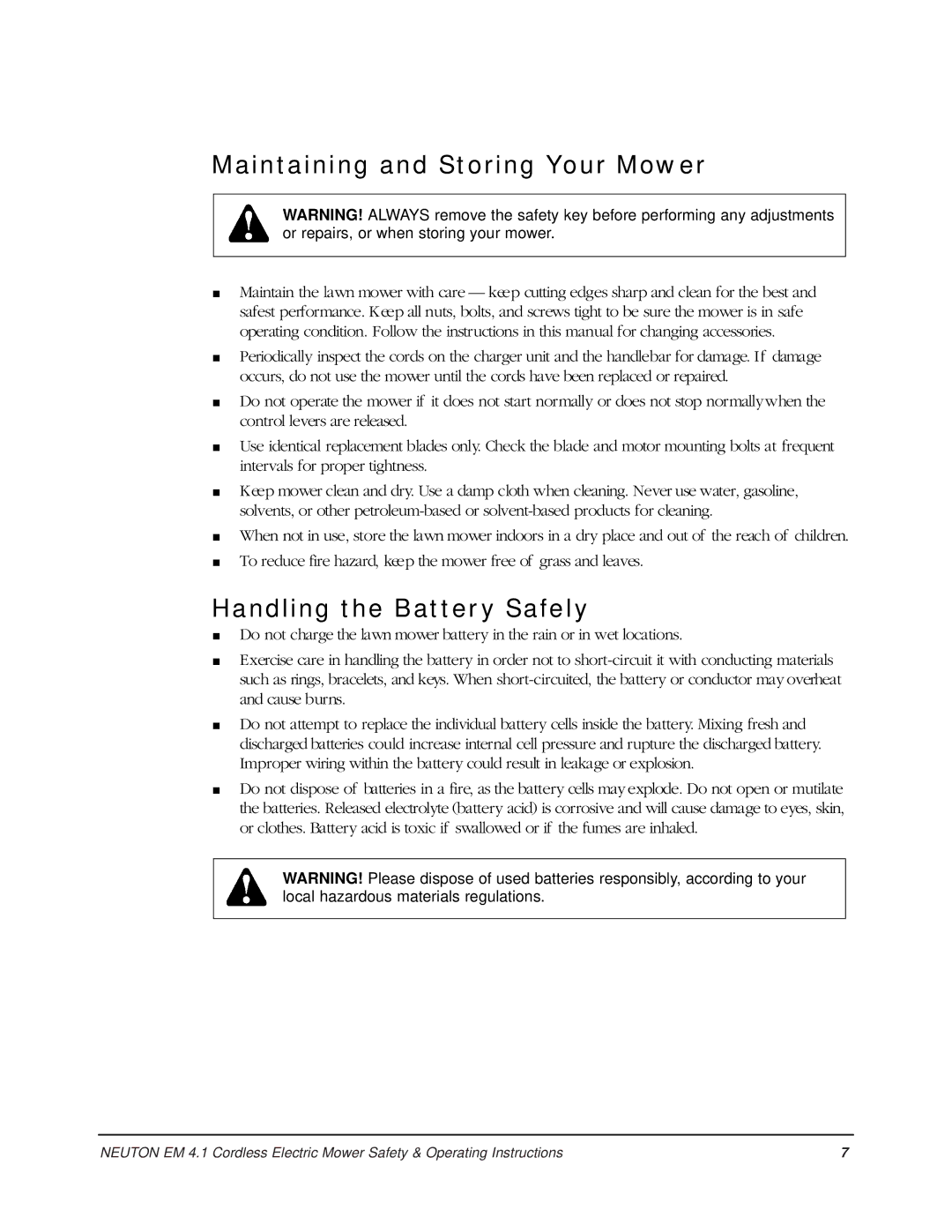 Country Home Products EM 4.1 operating instructions Maintaining and Storing Your Mower, Handling the Battery Safely 