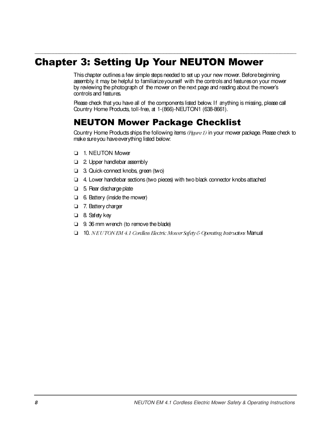 Country Home Products EM 4.1 operating instructions Setting Up Your Neuton Mower, Neuton Mower Package Checklist 