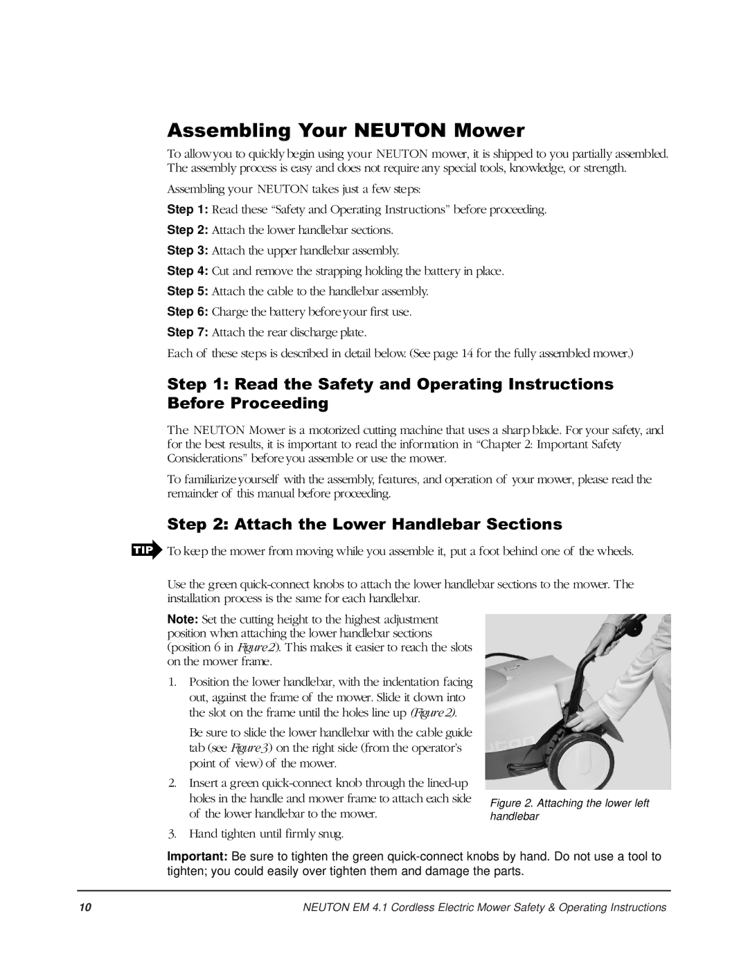 Country Home Products EM 4.1 operating instructions Assembling Your Neuton Mower, Attach the Lower Handlebar Sections 