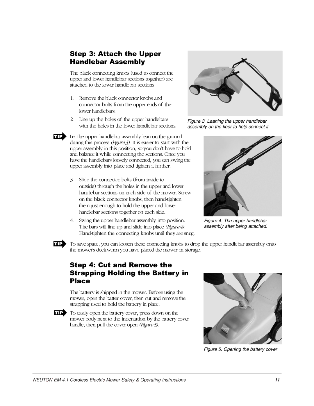 Country Home Products EM 4.1 Attach the Upper Handlebar Assembly, Cut and Remove Strapping Holding the Battery Place 