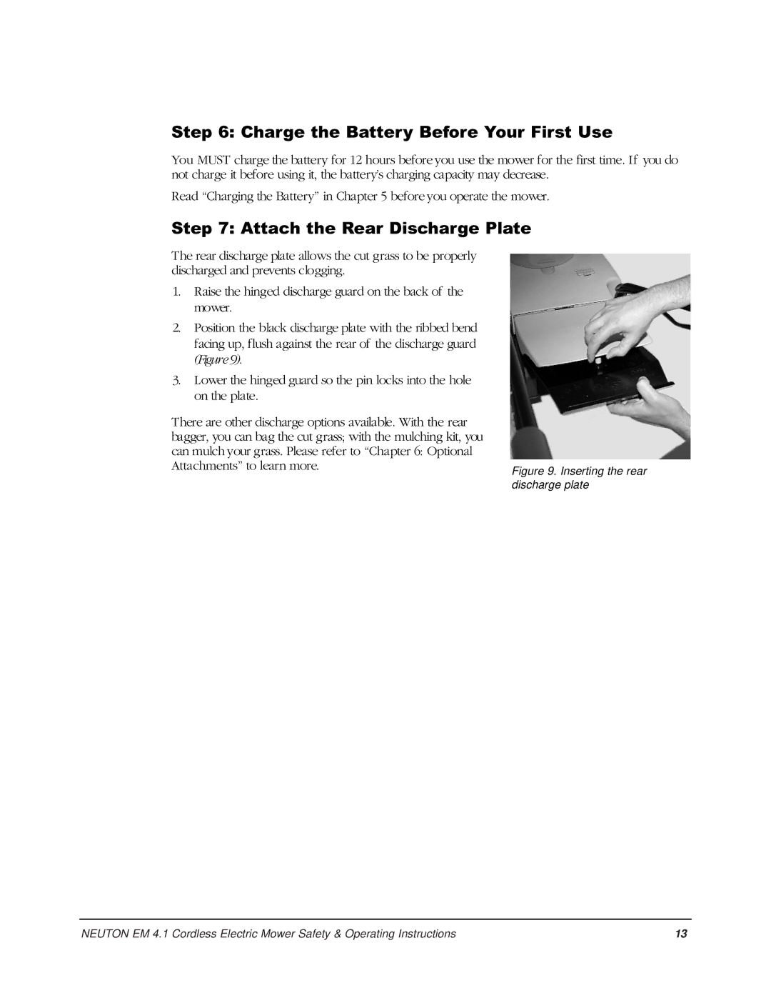 Country Home Products EM 4.1 Charge the Battery Before Your First Use, Attach the Rear Discharge Plate 