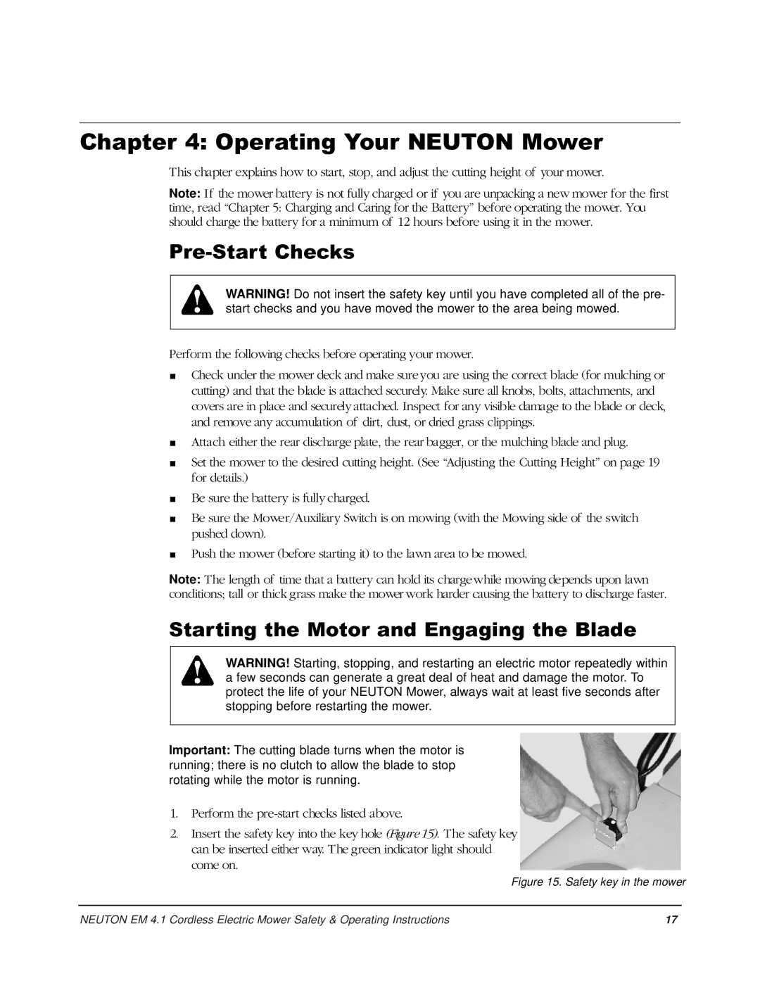 Country Home Products EM 4.1 Operating Your Neuton Mower, Pre-Start Checks, Starting the Motor and Engaging the Blade 