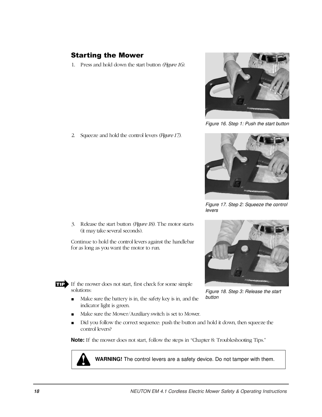 Country Home Products EM 4.1 operating instructions Starting the Mower, Push the start button 