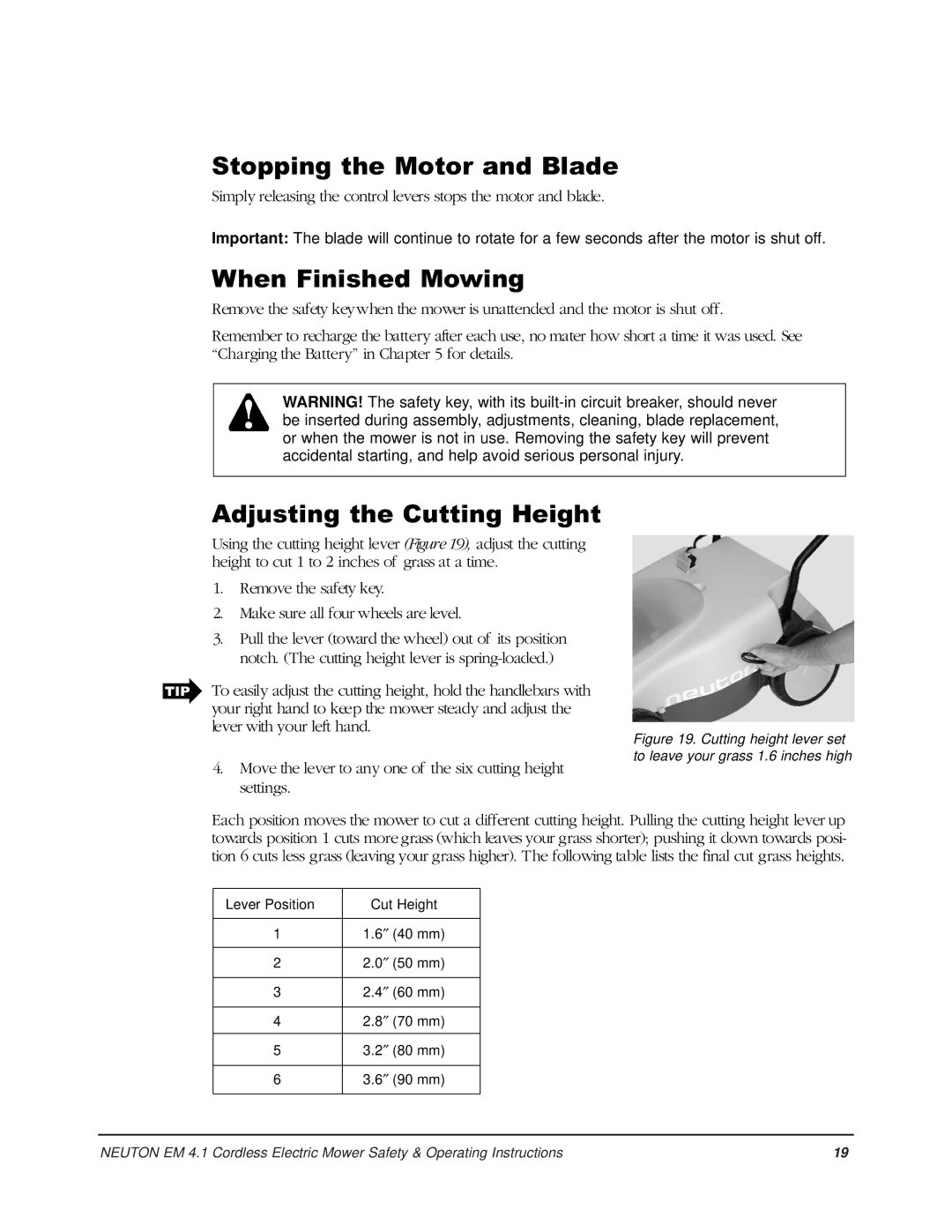 Country Home Products EM 4.1 Stopping the Motor and Blade, When Finished Mowing, Adjusting the Cutting Height 