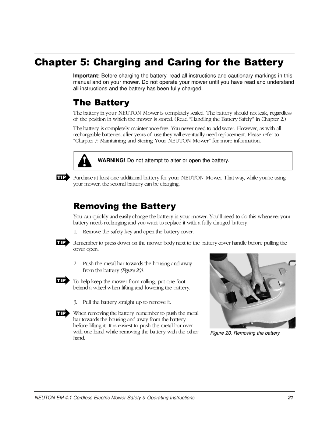 Country Home Products EM 4.1 operating instructions Charging and Caring for the Battery, Removing the Battery 